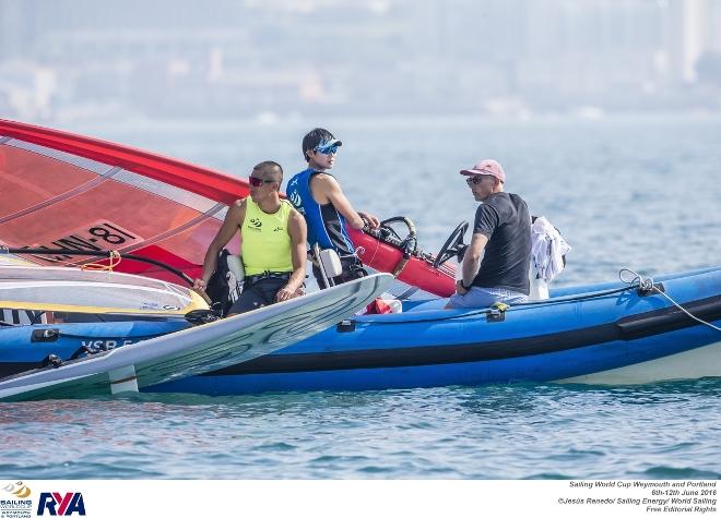 RSX coach Tom Ashley sits with Aichen Wang and Peina Chen - 2016 Sailing World Cup Weymouth and Portland ©  Jesus Renedo / Sailing Energy http://www.sailingenergy.com/